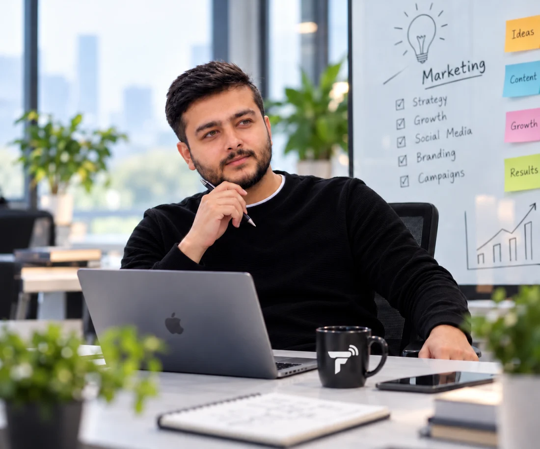 Bilal Hussain working at his laptop in the Technoflick office